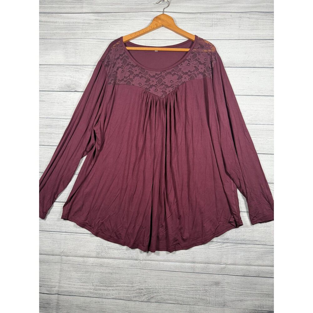 Womens 5XL Burgundy Lace Yoke Long Sleeve Babydoll Tunic Top Plus Size 4244